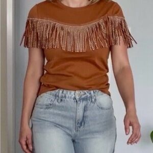 Women's Short Sleeve Fringe Tee - Tan